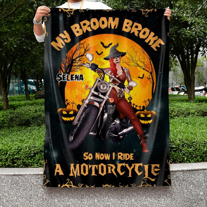 Custom Personalized Witch Flag - Upto 4 Dogs - Halloween Gifts For Friends/Dog Lovers - My Broom Broke So Now I Ride A Motorcycle