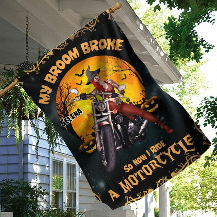 Custom Personalized Witch Flag - Upto 4 Dogs - Halloween Gifts For Friends/Dog Lovers - My Broom Broke So Now I Ride A Motorcycle