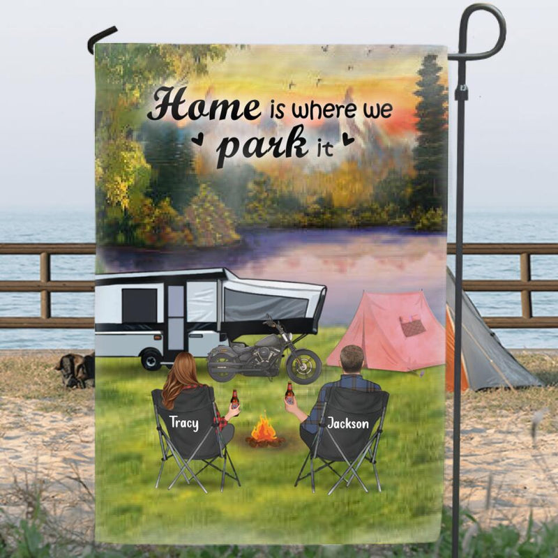 Personalized Camping Flag - Full Option (4 Kids - 2 Pets) - Best Gift Idea For Camping Lovers - Home is where we park it