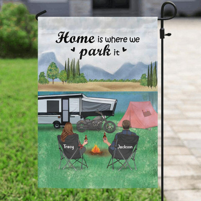 Custom Personalized Camping Garden Flag - Couple/Parents with up to 4 Kids and 2 Pets - Gift For Father's Day from Wife to Husband - Home is where we park it