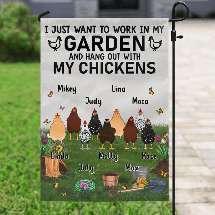 Custom Personalized Flag Sign - Gift For Chicken Lovers - I just want to work in my Garden and hang out with my Chickens - Up to 9 Chickens