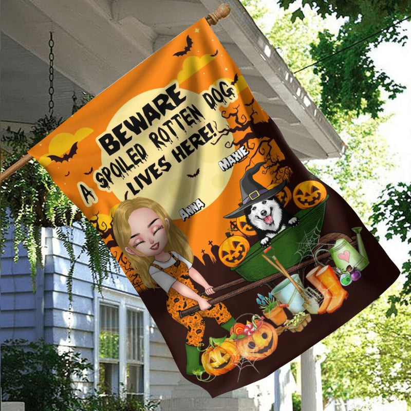Personalized Gardening Girl Flag Sign - Up to 7 Dogs - Halloween Gift For Gardening Lover/Dog Lover - Beware Spoiled Rotten Dogs Live Here!