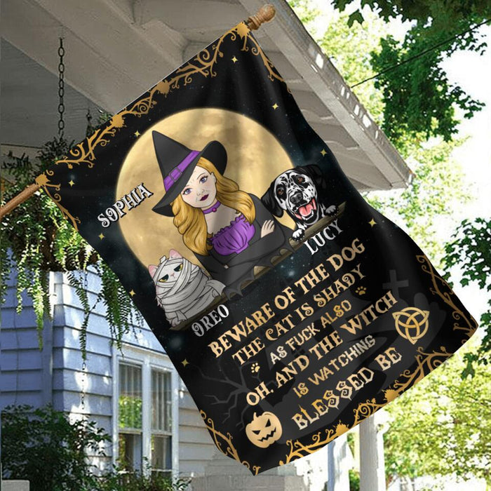 Custom Personalized Witch Flag - Upto 4 Pets - Halloween Gift Idea For Friends/Dog/Cat Lovers - Beware Of The Dog The Cat Is Shady As Fuck Also