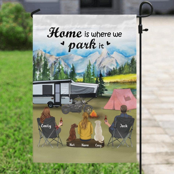 Custom Personalized Camping Garden Flag - Parents with 1 Kid and 2 Pets - Father's day gift from wife to husband - Home Is Where We Park It