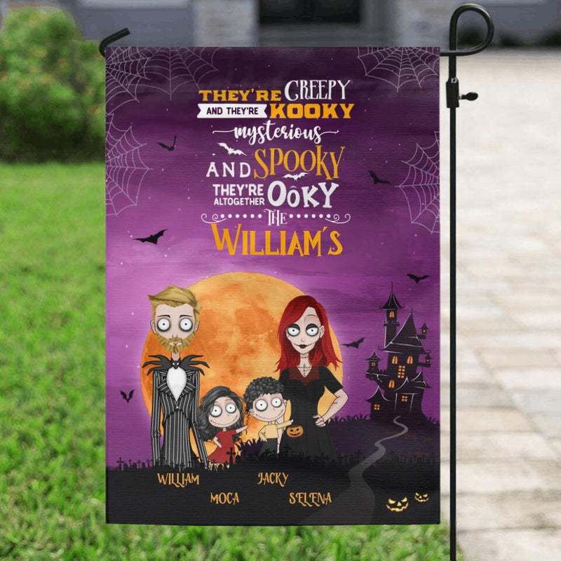 Personalized Creepy Family Flag Sign - Couple With Up to 2 Kids - Halloween/Welcome Gift Idea For Family - They're Creepy They're Kooky Mysterious And Spooky They're Altogether Ooky