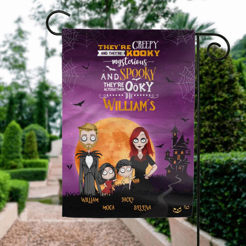 Personalized Creepy Family Flag Sign - Couple With Up to 2 Kids - Halloween/Welcome Gift Idea For Family - They're Creepy They're Kooky Mysterious And Spooky They're Altogether Ooky