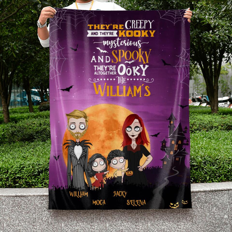 Personalized Creepy Family Flag Sign - Couple With Up to 2 Kids - Halloween/Welcome Gift Idea For Family - They're Creepy They're Kooky Mysterious And Spooky They're Altogether Ooky