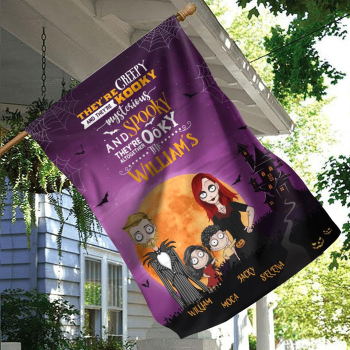 Custom Personalized Creepy Family Flag Sign - Couple With Upto 2 Kids - Halloween/Welcome Gift Idea For Family - They're Creepy They're Kooky Mysterious And Spooky They're Altogether Ooky