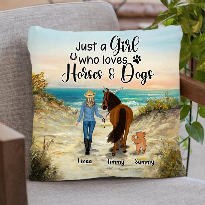 Custom Personalized Horse & Dog Pillow Cover - Gift Idea For Horse/Dog Lovers With Up To 2 Horses And 4 Dogs - Just A Girl Who Loves Horses & Dogs