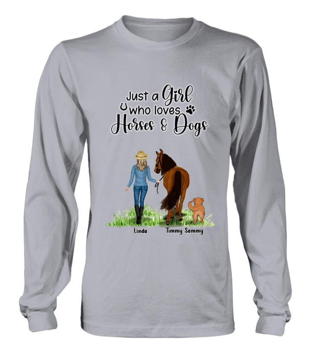 Custom Personalized Horse & Dog T-shirt - Gift Idea For Horse/Dog Lovers With Up To 2 Horses And 4 Dogs - Just A Girl Who Loves Horses & Dogs