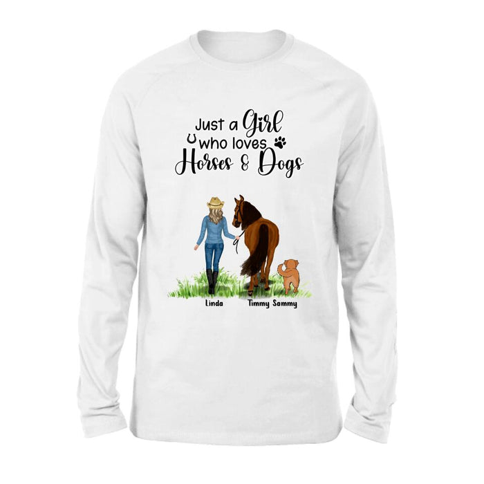 Custom Personalized Horse & Dog T-shirt - Gift Idea For Horse/Dog Lovers With Up To 2 Horses And 4 Dogs - Just A Girl Who Loves Horses & Dogs