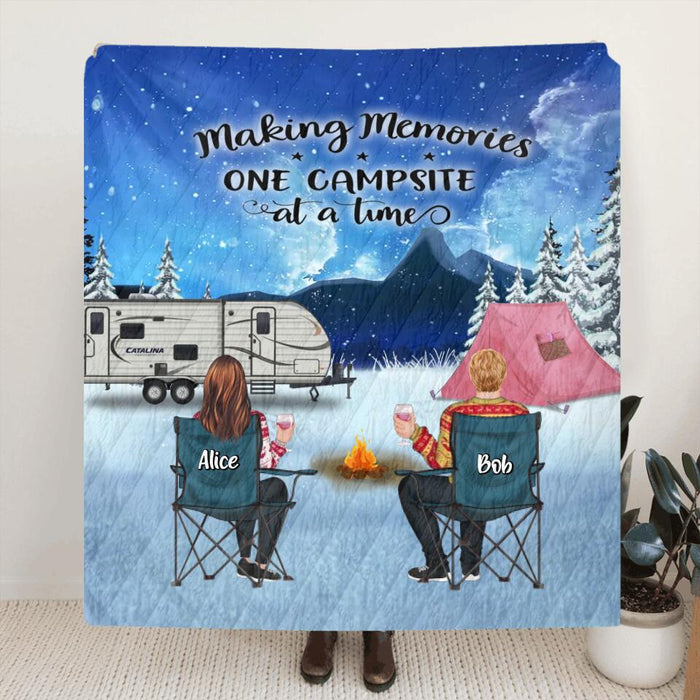 Custom Personalized Christmas Camping Fleece/Quilt Blanket - Christmas Gift For Family/ Couple/ Camping Lover - Upto 2 Kids and 3 Pets - Making Memories One Campsite At A Time