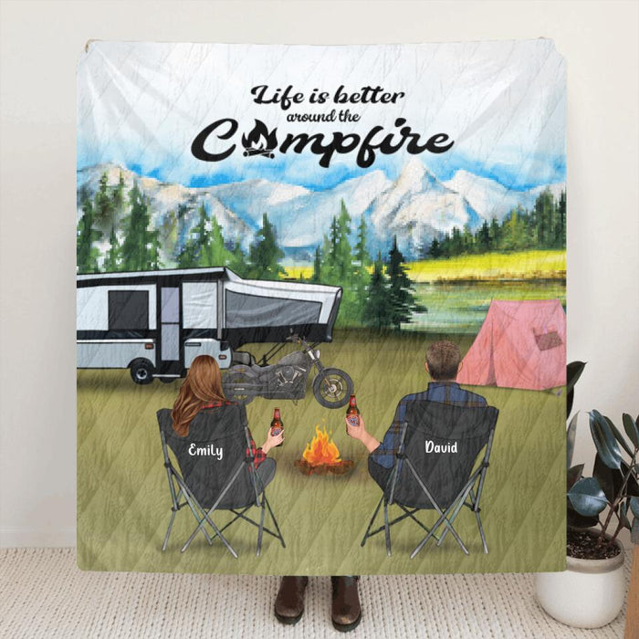 Custom Personalized Camping Blanket - Parents with up to 5 Kids and 4 Pets - Gift Idea For The Whole Family - Life is better around the campfire