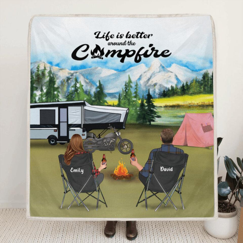 Personalized Camping Blanket - Parents with up to 5 Kids and 4 Pets - Gift Idea For The Whole Family - Life is better around the campfire
