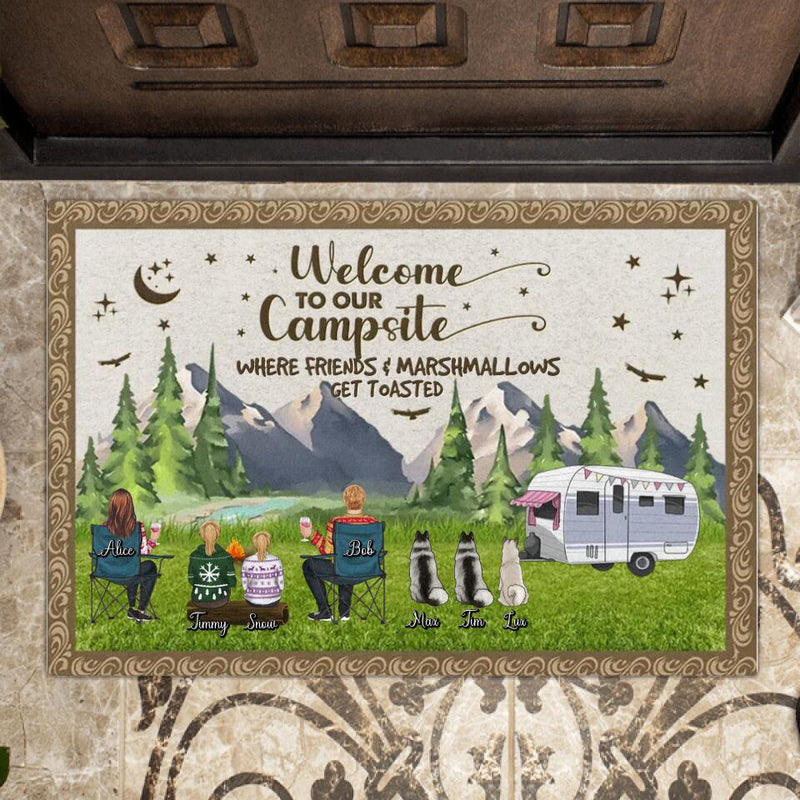 Personalized Camping Doormat - Adult/Couple/Single Parent/Parents with Up to 3 Pets - Gift Idea For Couple/Camping/Dog/Cat Lovers - Welcome To Our Campsite