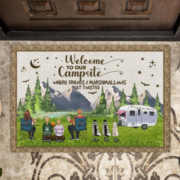 Custom Personalized Camping Doormat - Adult/Couple/Single Parent/Parents with Upto 3 Pets - Gift Idea For Couple/Camping/Dog/Cat Lovers - Welcome To Our Campsite