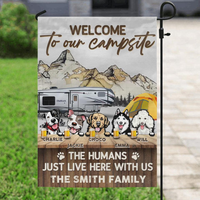 Custom Personalized Dog & Camping Flag Sign - Upto 5 Dogs - Gift Idea For Dog Lover /Camping Lover - Welcome To Our Campsite