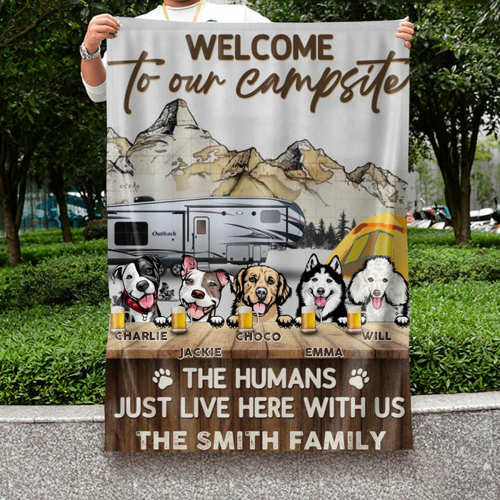 Custom Personalized Dog & Camping Flag Sign - Upto 5 Dogs - Gift Idea For Dog Lover /Camping Lover - Welcome To Our Campsite