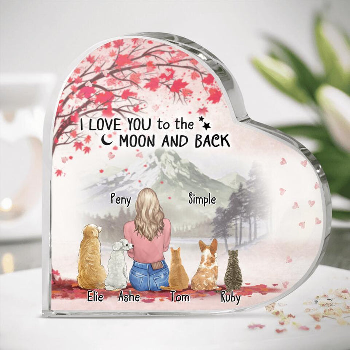 Personalized Pet Mom Heart-Shaped Acrylic Plaque - Up to 5 Pets - Gift Idea For Dog/Cat Lover/Mother's Day - I Love You To The Moon And Back