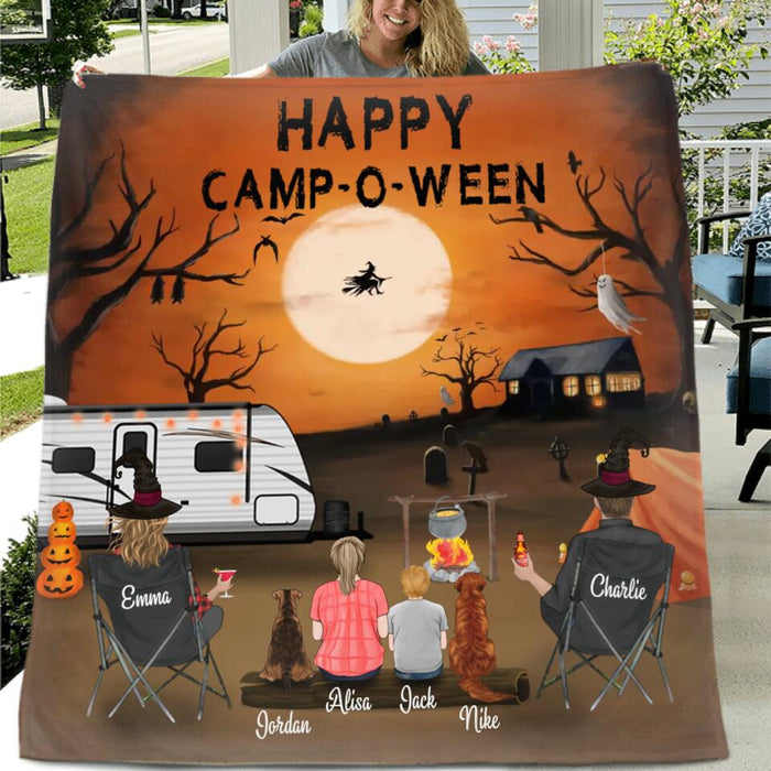 Custom Personalized Halloween Camping Blanket - Gift for Family, Halloween, Camping Lovers - Up to 2 Kids and 2 Pets