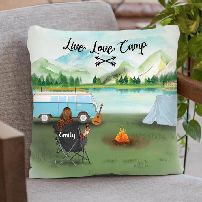 Custom Personalized Camping Pillow Cover - Gift For Father's Day - Single Dad/Mom with up to 6 Kids and 2 Pets - Live, Love, Camp - Q3VZTZ