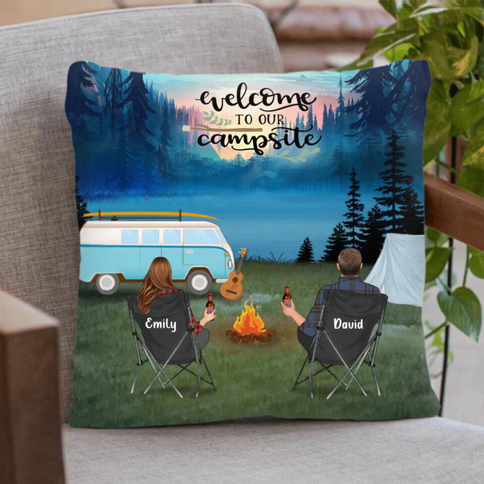 Custom Personalized Camping Throw Pillow Cover - Full Options - Couple With Upto 6 Children and 2 Pets - Gift For Couple, Family - Welcome To Our Campsite