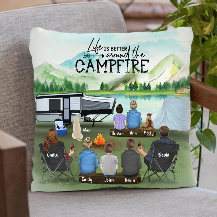 Personalized Camping Pillow Cover, Gift Idea For The Whole Family - Father's day Gift From Wife To Husband - Parents with 5 Kids and 2 Pets -Life Is Better Around The Campfire