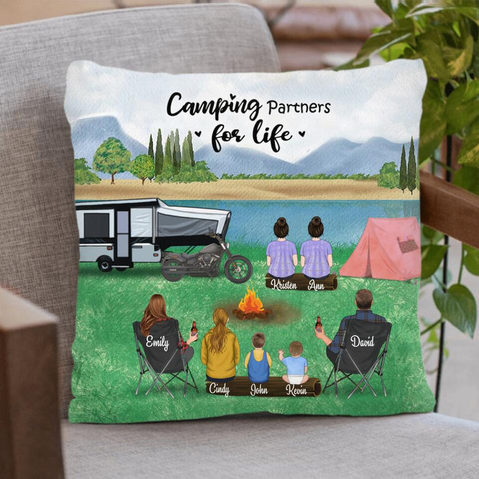 Custom Personalized Camping Throw Pillow Cover - Gift For Camping Lovers with Parents and 5 Kids - Camping Partner For Life