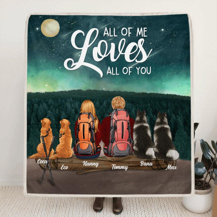 Custom Personalized Camping Blanket/Pillow Cover - Gift For Couples, Camping Lovers, Dog Lovers - Up to 4 Dogs - Dogs & Couple Camping Fleece/Quilt/Pillow Cover Cushion Cover - All of me loves all of you
