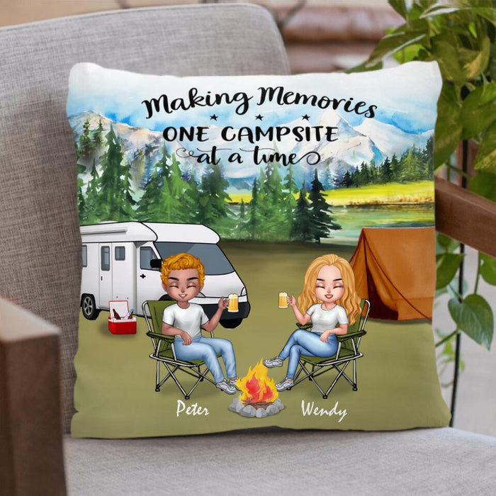 Custom Personalized Camping Chibi Pillow Cover - Couple With Upto 3 Dogs - Gift Idea For Camping Lover - Making Memories One Campsite At A Time