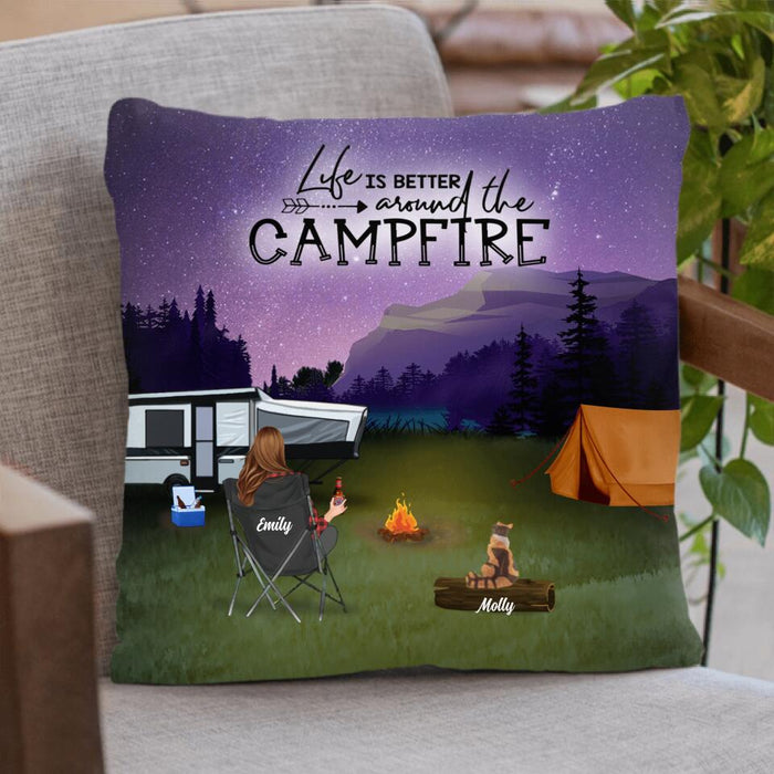 Custom Personalized Camping Round Pillow - Adult/ Couple/ Parents With Upto 4 Kids And 4 Pets - Gift Idea For Family/ Camping Lover - Making Memories One Campsite At A Time