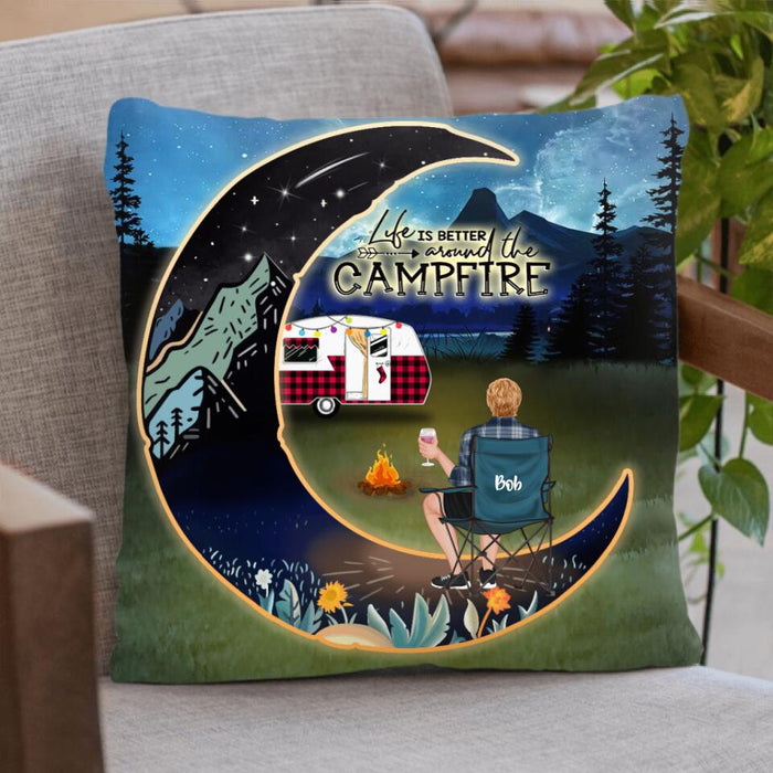 Custom Personalized Camping Moon Night Round Pillow - Couple/ Parents With Upto 3 Kids And 5 Pets - Gift Idea For Camping Lover - Life Is Better Around The Campfire