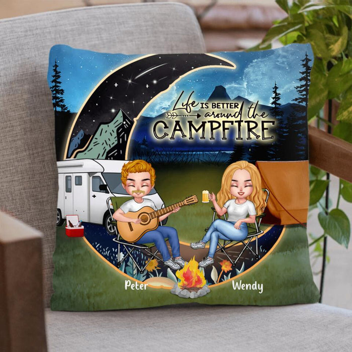 Custom Personalized Camping Moon Couple With Dog Pillow Cover & Fleece/ Quilt Blanket - Upto 3 Dogs - Gift Idea For Camping Lover - Life Is Better Around The Campfire