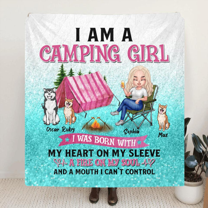 Custom Personalized Camping Blanket/Pillow Cover - Gift For Camping Lovers, Dog Mom - Camping Queen Dog Mom - Up to 3 Dogs - I am a camping girl