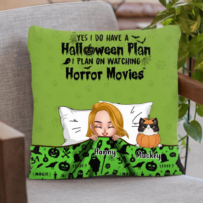 Personalized Sleeping Girl Pillow Cover & Fleece/Quilt Blanket - Halloween Gift For Girl/Dog, Cat Lover With Up to 6 Pets - Yes I Do Have A Halloween Plan