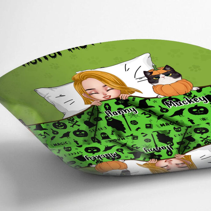 Personalized Sleeping Girl Pillow Cover & Fleece/Quilt Blanket - Halloween Gift For Girl/Dog, Cat Lover With Up to 6 Pets - Yes I Do Have A Halloween Plan