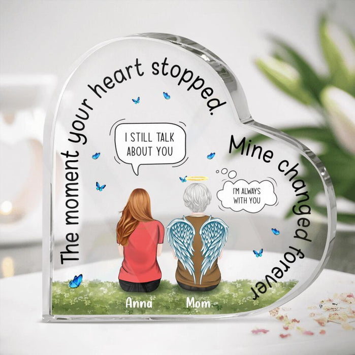Custom Personalized Memorial Dad/ Mom Heart-Shaped Acrylic Plaque - Parent With Upto 4 Children - Memorial Gift Idea - The Moment Your Heart Stopped