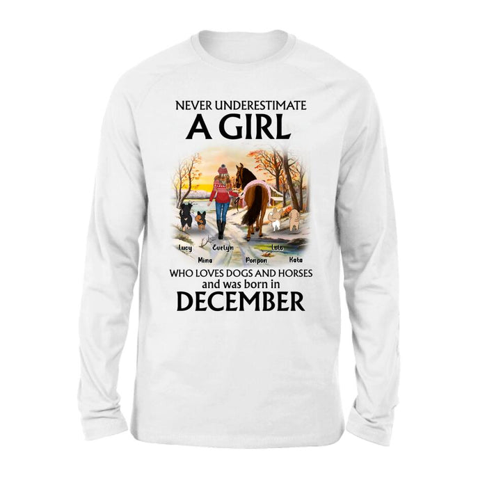 Personalized Dogs And A Horse Shirt - Up to 4 Dogs - Christmas Gift Idea For Horse/Dog Owners - Never Underestimate A Girl Who Loves Dogs And Horses