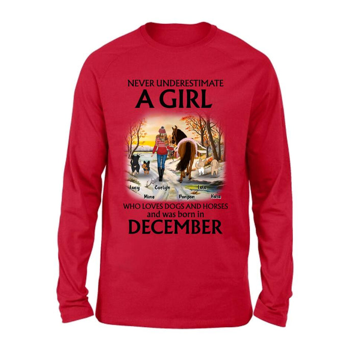 Personalized Dogs And A Horse Shirt - Up to 4 Dogs - Christmas Gift Idea For Horse/Dog Owners - Never Underestimate A Girl Who Loves Dogs And Horses