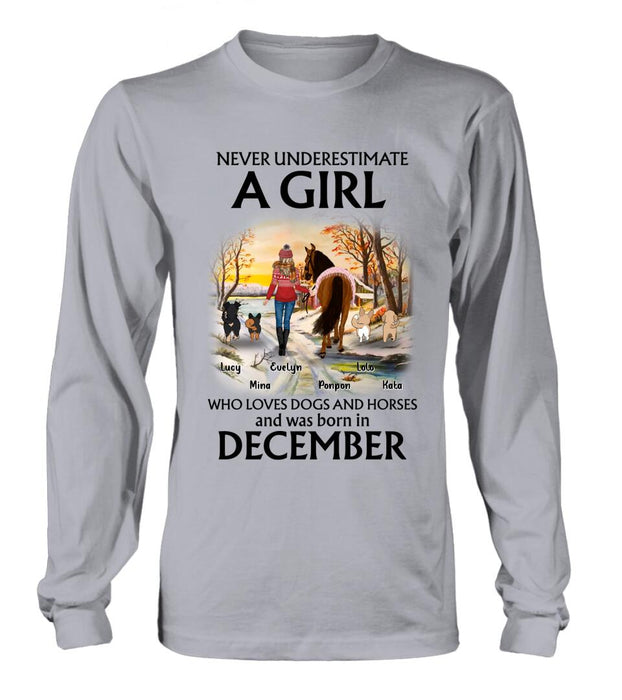 Personalized Dogs And A Horse Shirt - Up to 4 Dogs - Christmas Gift Idea For Horse/Dog Owners - Never Underestimate A Girl Who Loves Dogs And Horses