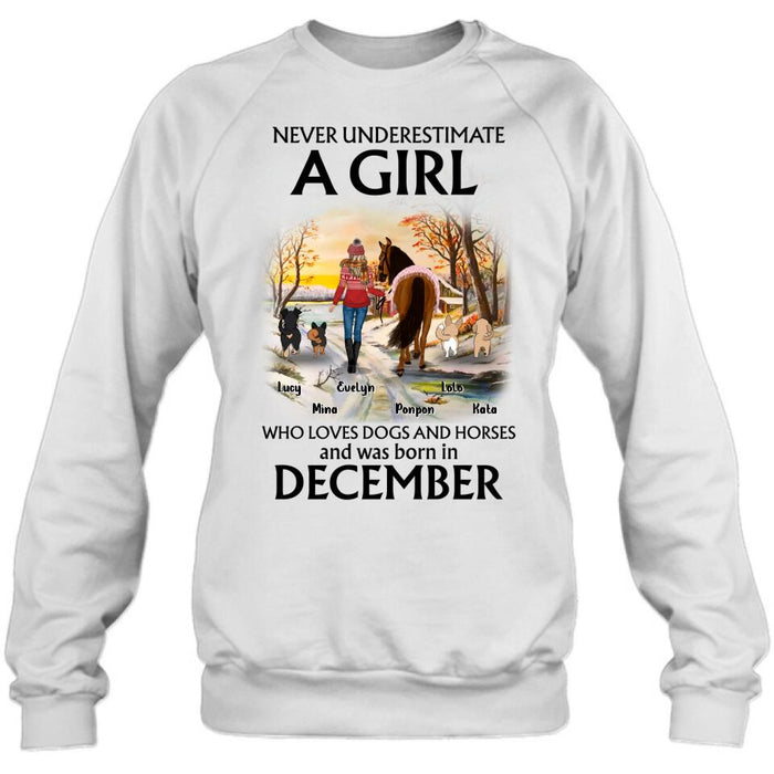 Personalized Dogs And A Horse Shirt - Up to 4 Dogs - Christmas Gift Idea For Horse/Dog Owners - Never Underestimate A Girl Who Loves Dogs And Horses