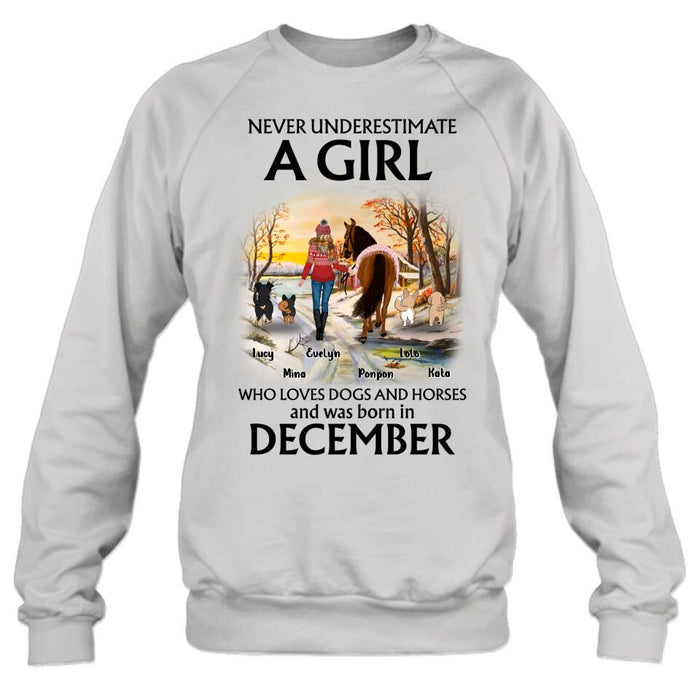 Personalized Dogs And A Horse Shirt - Up to 4 Dogs - Christmas Gift Idea For Horse/Dog Owners - Never Underestimate A Girl Who Loves Dogs And Horses