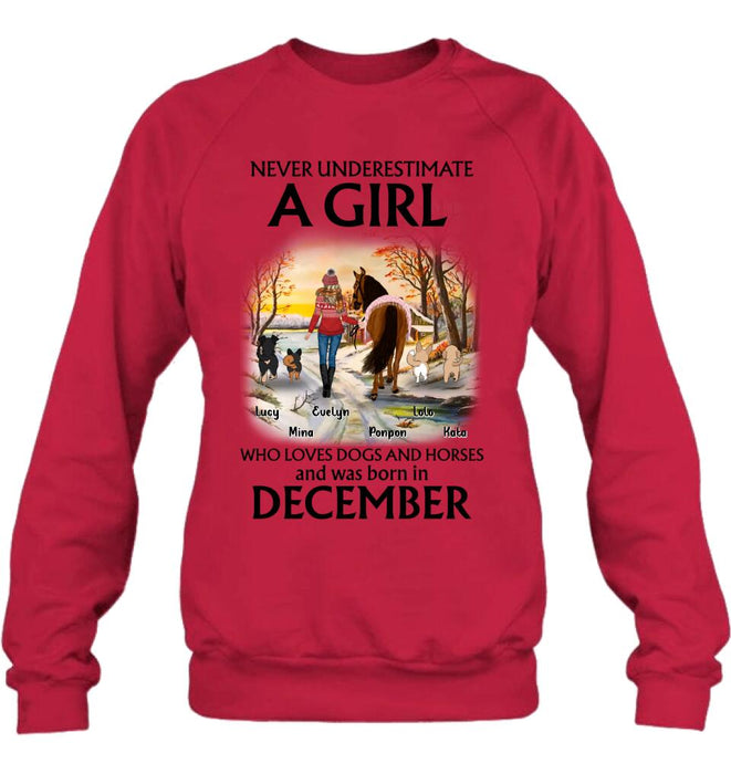 Personalized Dogs And A Horse Shirt - Up to 4 Dogs - Christmas Gift Idea For Horse/Dog Owners - Never Underestimate A Girl Who Loves Dogs And Horses