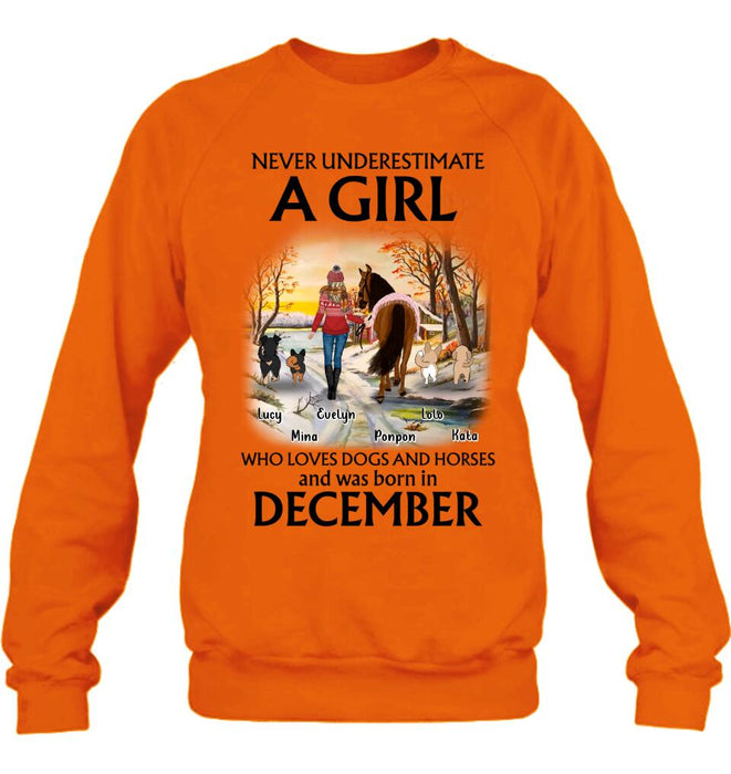 Personalized Dogs And A Horse Shirt - Up to 4 Dogs - Christmas Gift Idea For Horse/Dog Owners - Never Underestimate A Girl Who Loves Dogs And Horses