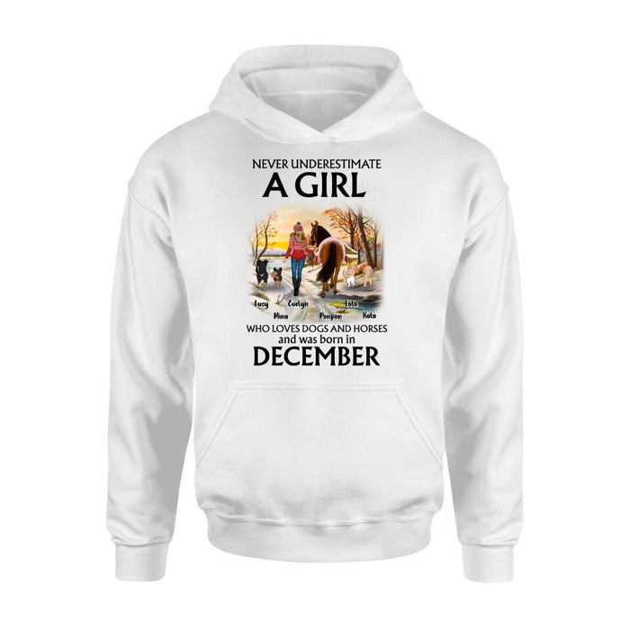 Personalized Dogs And A Horse Shirt - Up to 4 Dogs - Christmas Gift Idea For Horse/Dog Owners - Never Underestimate A Girl Who Loves Dogs And Horses