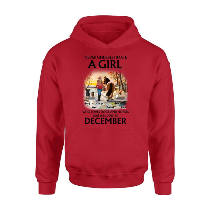 Personalized Dogs And A Horse Shirt - Up to 4 Dogs - Christmas Gift Idea For Horse/Dog Owners - Never Underestimate A Girl Who Loves Dogs And Horses