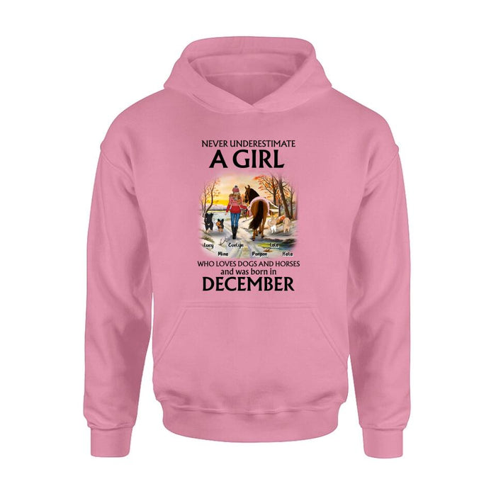 Personalized Dogs And A Horse Shirt - Up to 4 Dogs - Christmas Gift Idea For Horse/Dog Owners - Never Underestimate A Girl Who Loves Dogs And Horses