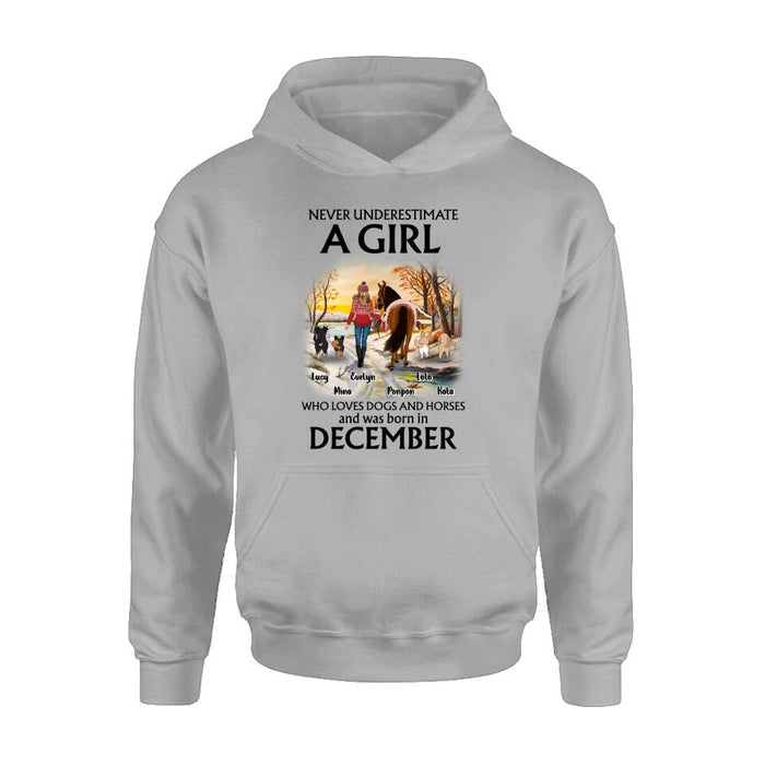 Personalized Dogs And A Horse Shirt - Up to 4 Dogs - Christmas Gift Idea For Horse/Dog Owners - Never Underestimate A Girl Who Loves Dogs And Horses