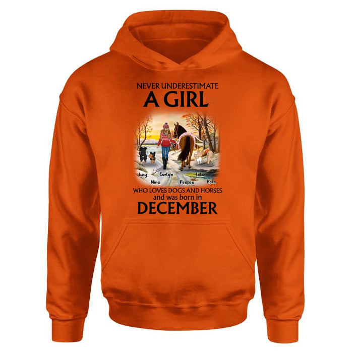 Personalized Dogs And A Horse Shirt - Up to 4 Dogs - Christmas Gift Idea For Horse/Dog Owners - Never Underestimate A Girl Who Loves Dogs And Horses