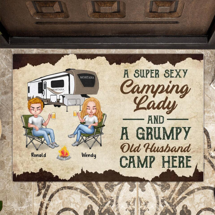 Custom Personalized Camping Couple Doormat - Gift Idea For Couple/ Camping Lover - A Super Sexy Camping Lady And A Grumpy Old Husband Camp Here